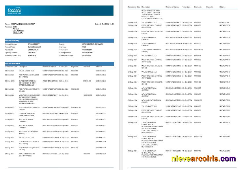 Zimbabwe Ecobank bank statement, 4 pages 1